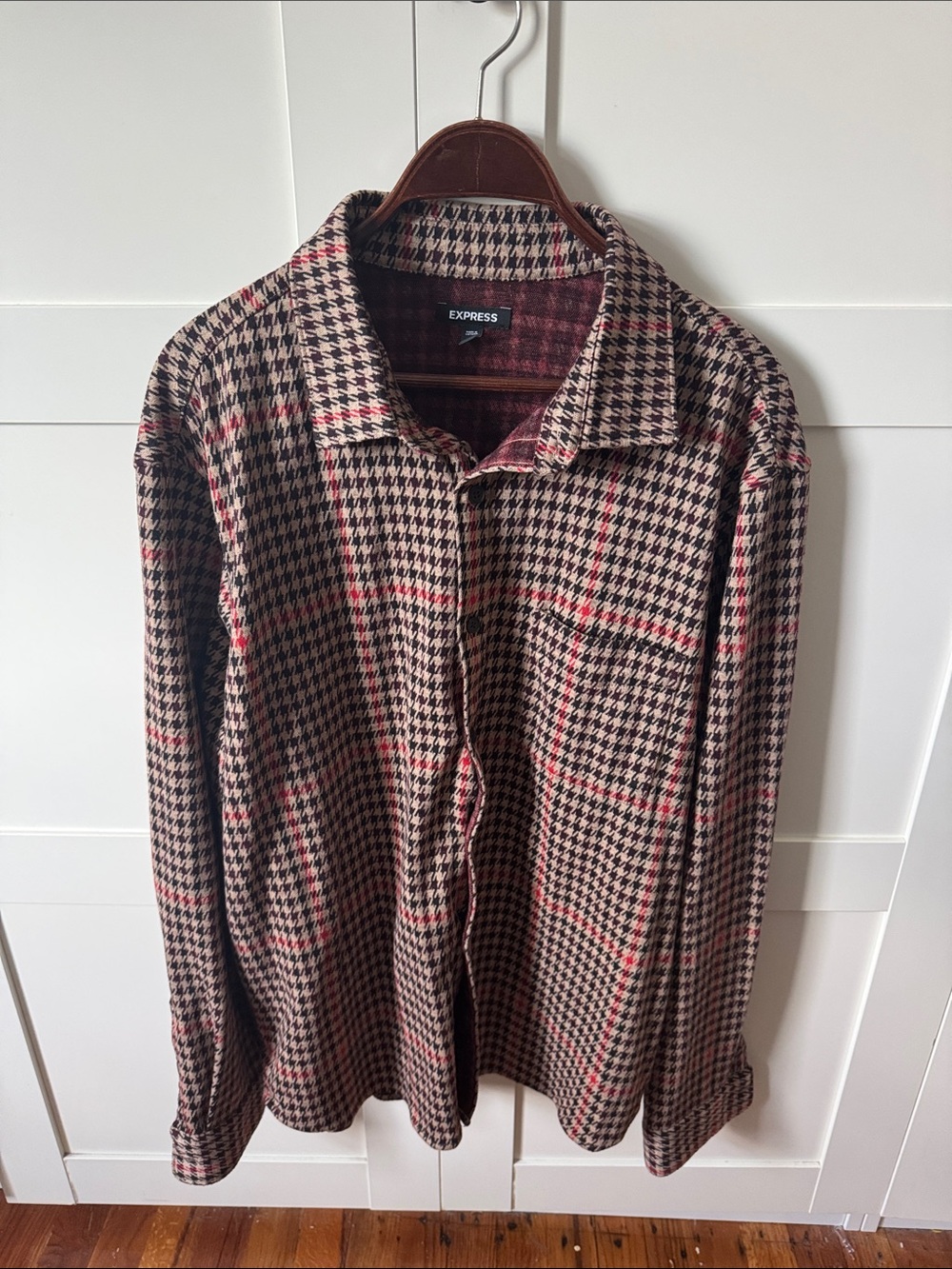Express Men's Brown Houndstooth Button-Down Shirt with Red Windowpane